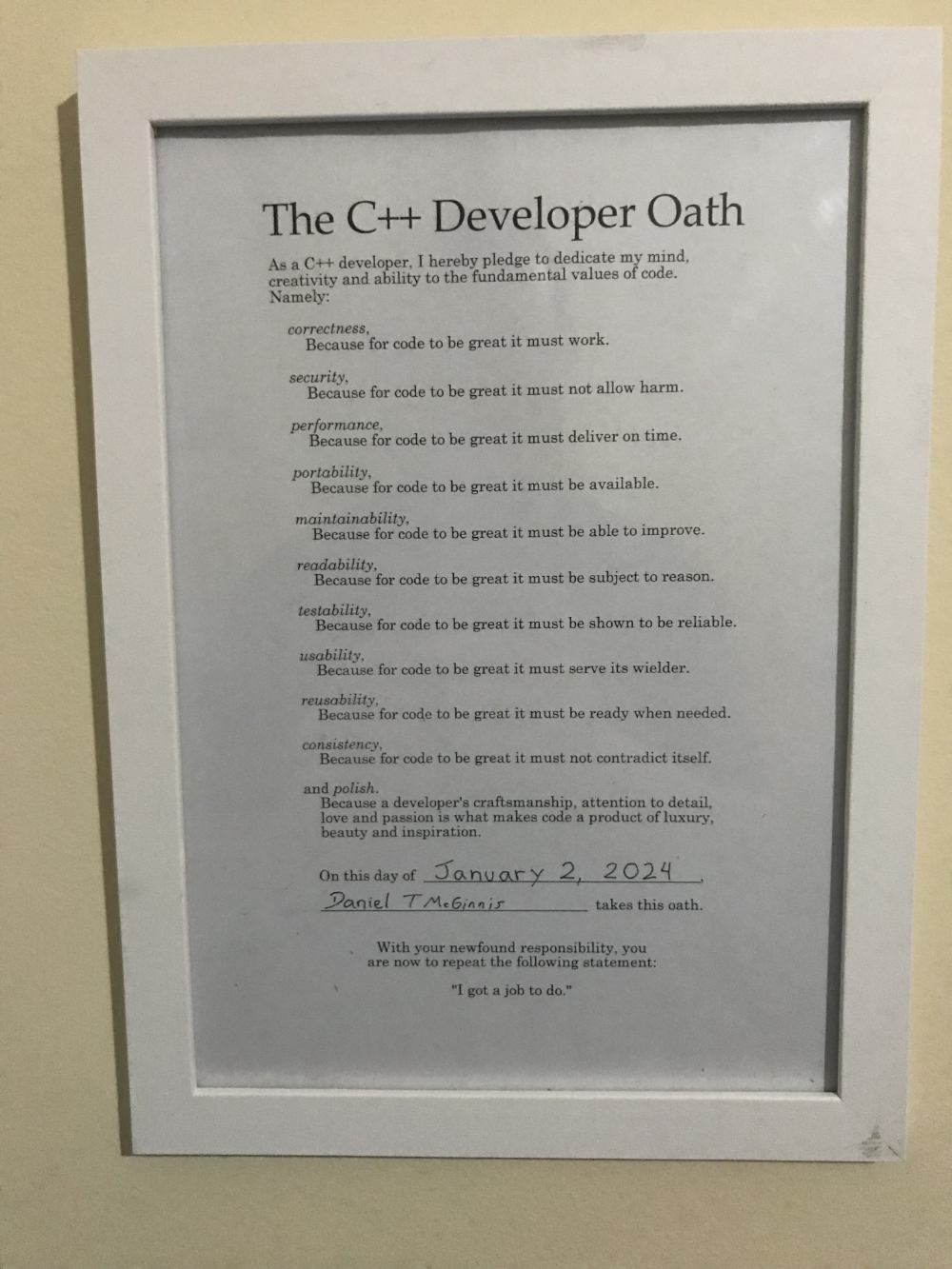 Photograph of signed and framed oath